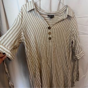Tan & White Striped Casual Dress with Ties & Pockets